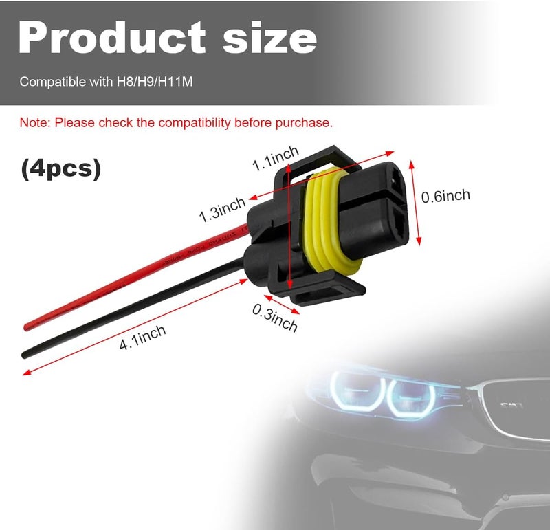 KVAEY 4 PCS Wiring Harness Headlight Socket, H11 H9 H8 Female Adapter Wiring Harness Plug Replacement, Nylon Pigtail Wire Connector for Headlight Fog Light, Car Accessories - Image 2